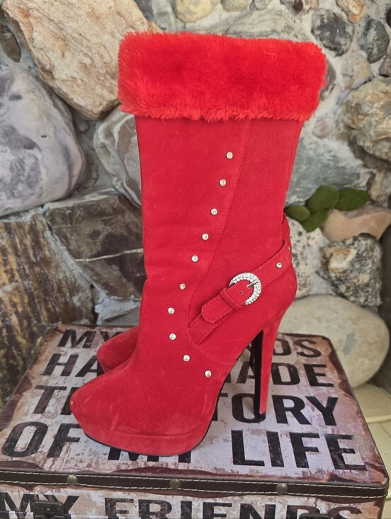 SHEIN Shoes - Santa’s Southern Belle" El Paso Red Fur & Rhinestone Platform Boots